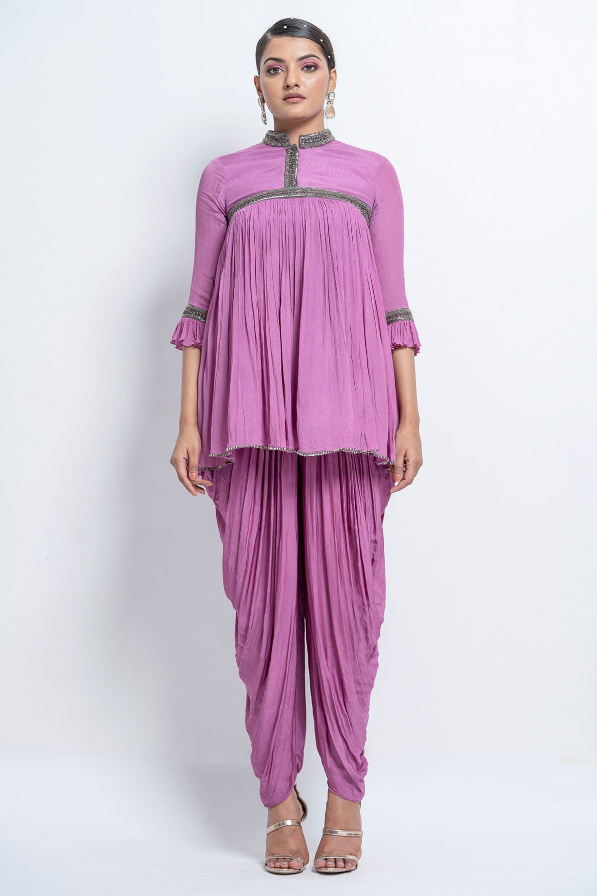 Lilac Gathered Top & Dhoti Set at ScrollnShops
